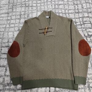 Sean John 100% Merino Lambswool Toggle Sweater Mens XXL Green Elbow Patches